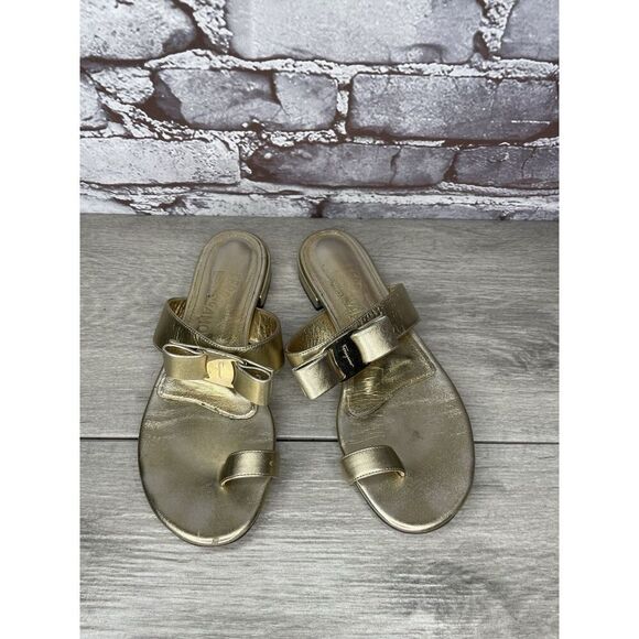 Salvatore Ferragamo Gold Leather Bow Slides Flat Sandals Women’s Sz 5.5M US/36EU - Picture 10 of 16
